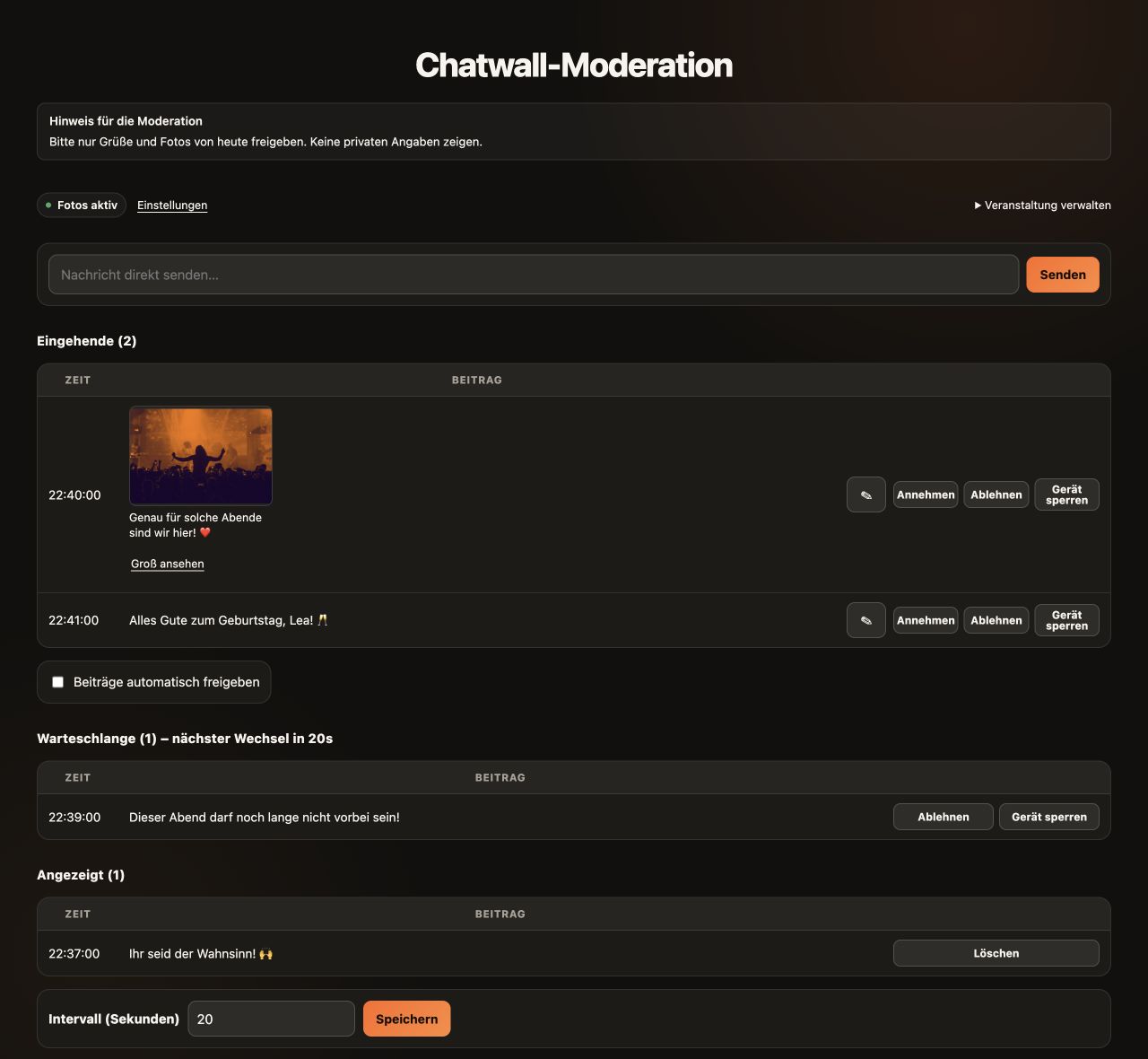 Moderation view: CrowdFlow example