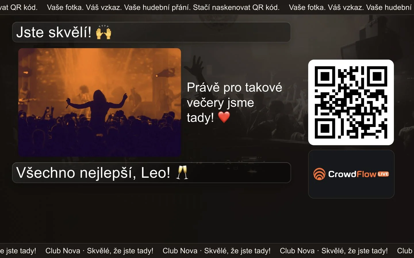 Fotostěna s fotografií hosta a reklamním prostorem: příklad CrowdFlow