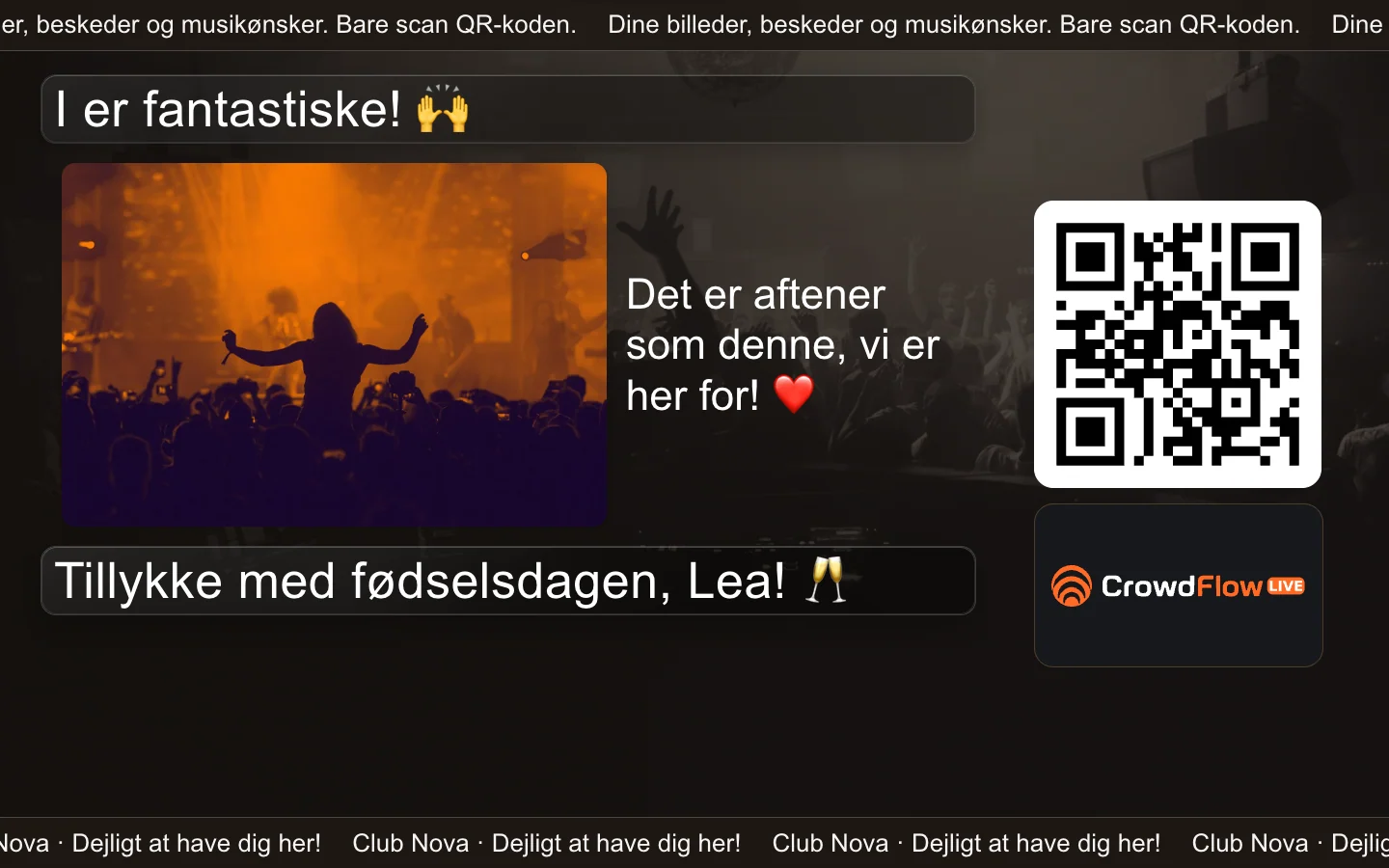 Fotovæg med gæstebillede og annonceplads: CrowdFlow eksempel