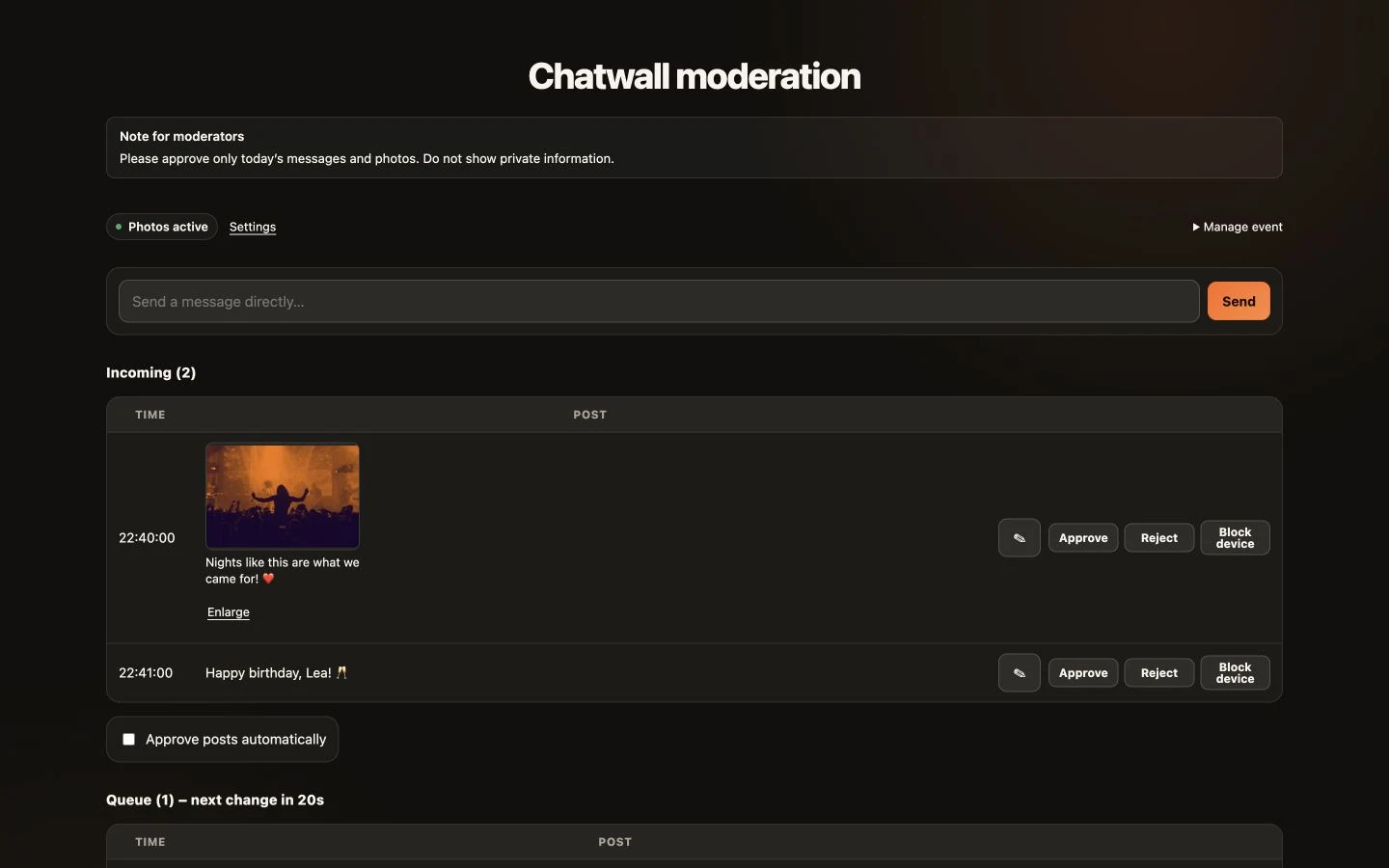 Moderation view: CrowdFlow example