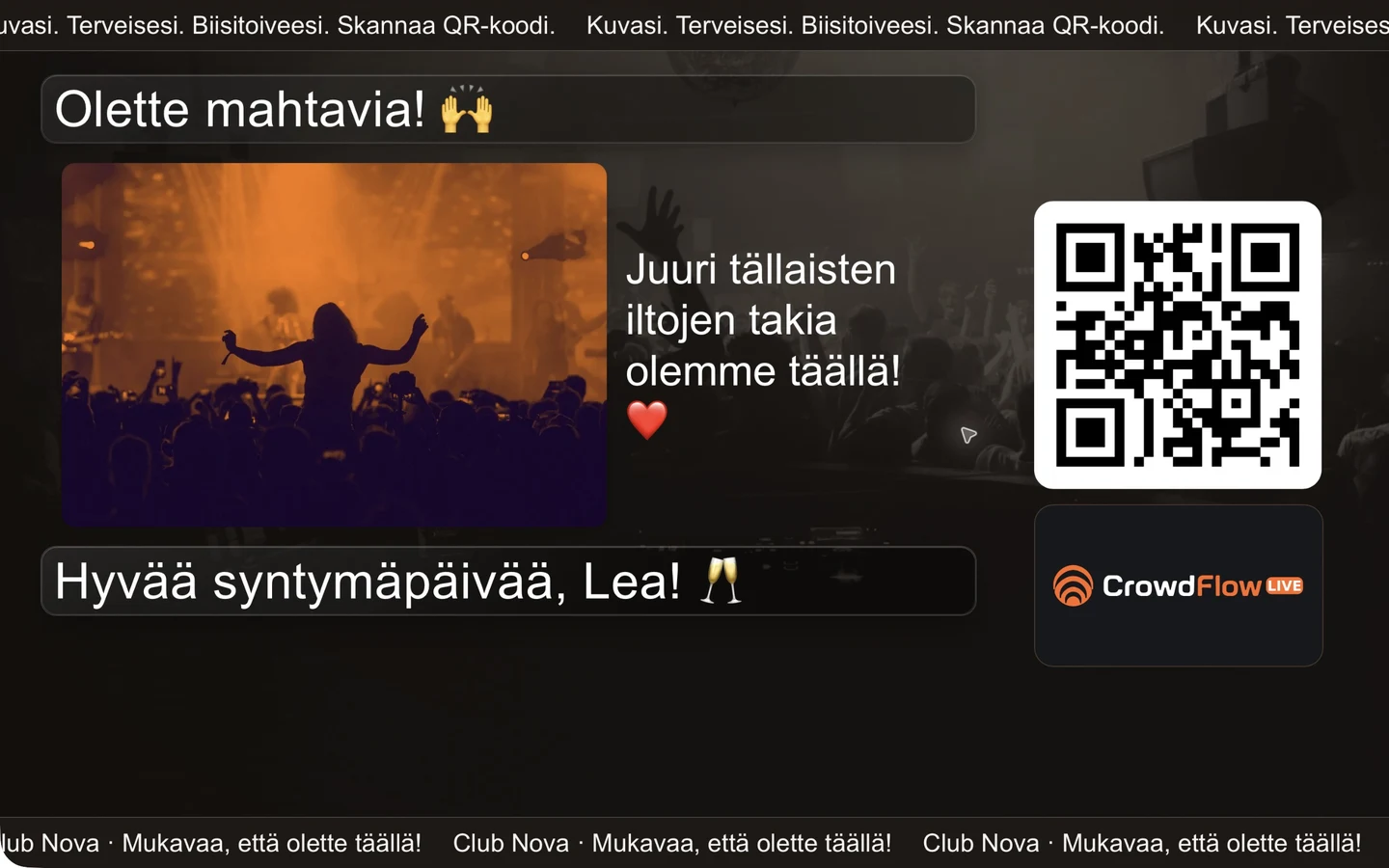 Chatwall vieraiden valokuvilla ja mainostilalla: CrowdFlow-esimerkki