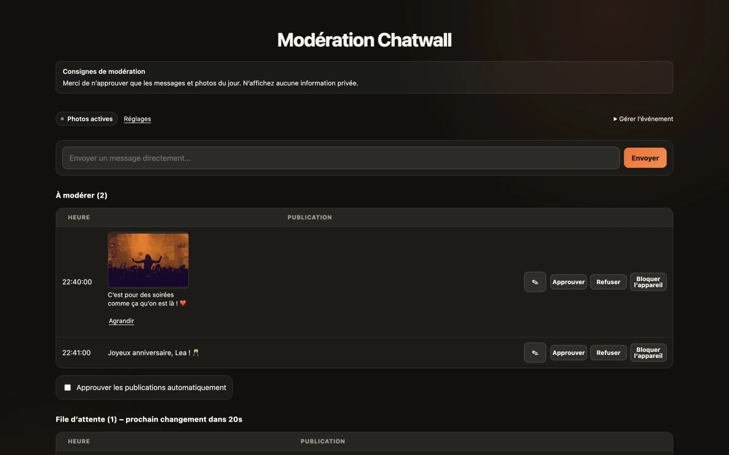 Vue de modération : exemple CrowdFlow