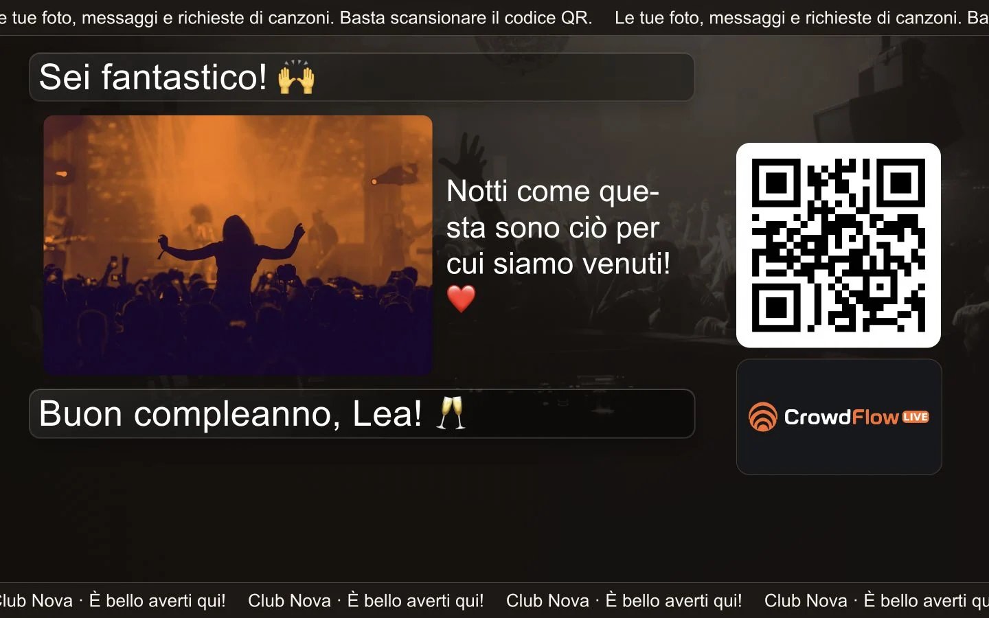 Chatwall con foto dell'ospite e spazio pubblicitario: esempio CrowdFlow