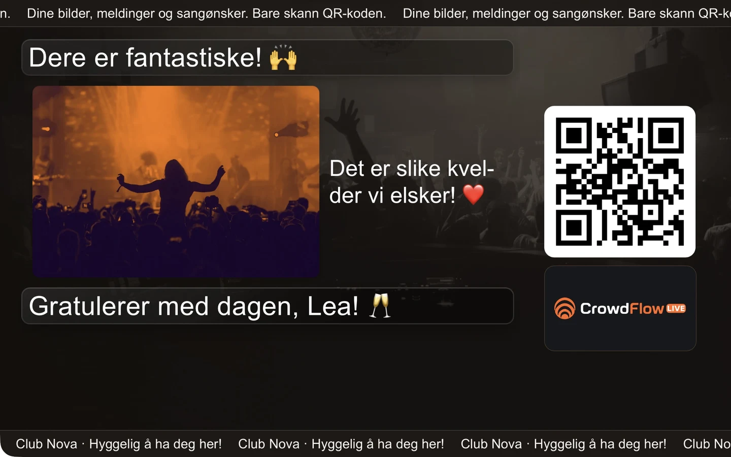 Fotovegg med gjestefoto og annonseplass: CrowdFlow-eksempel