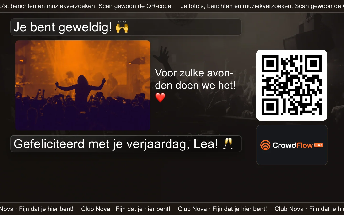 Fotowand met gastfoto en advertentieruimte: CrowdFlow voorbeeld