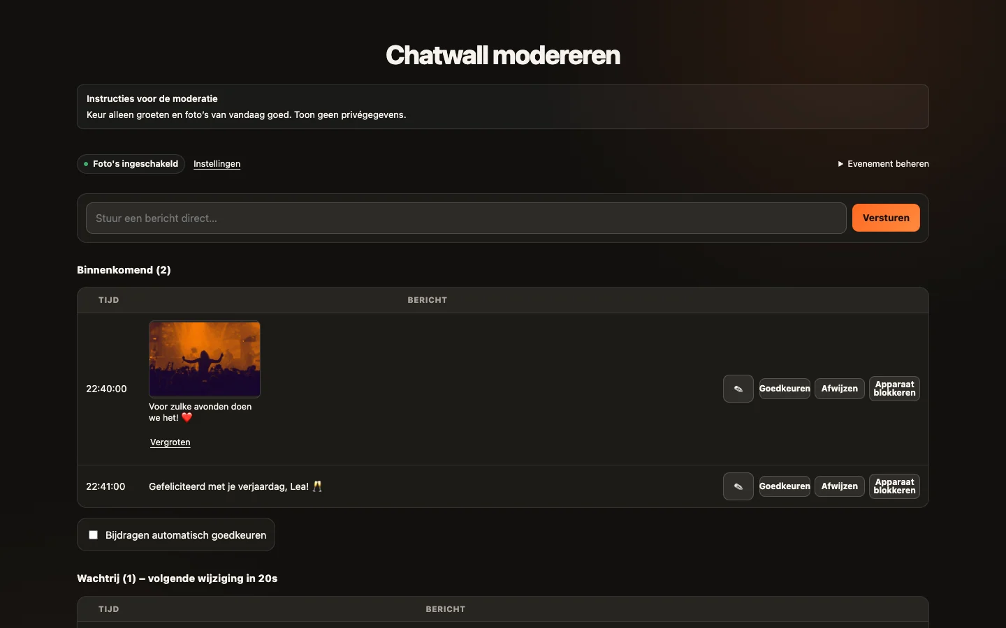 Moderatieweergave: CrowdFlow voorbeeld