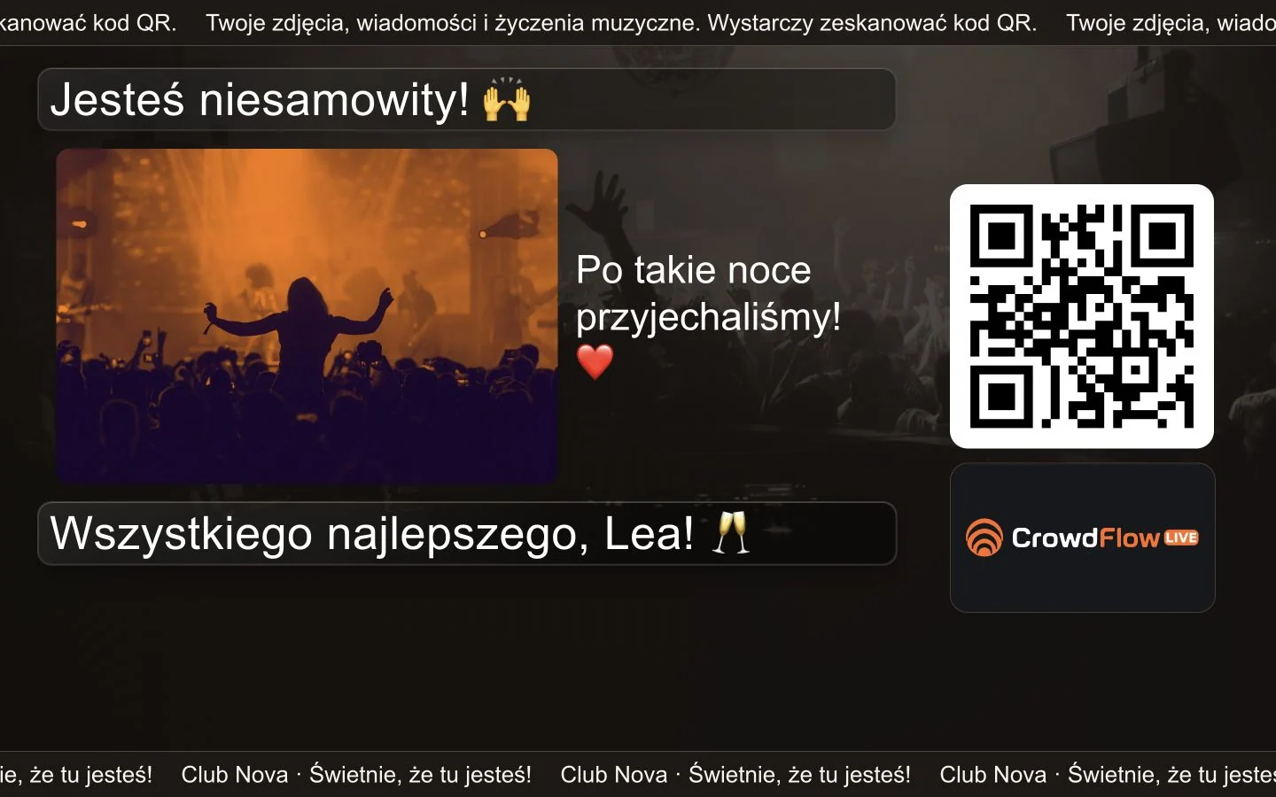 Chatwall ze zdjęciami i reklamą: przykład CrowdFlow Live
