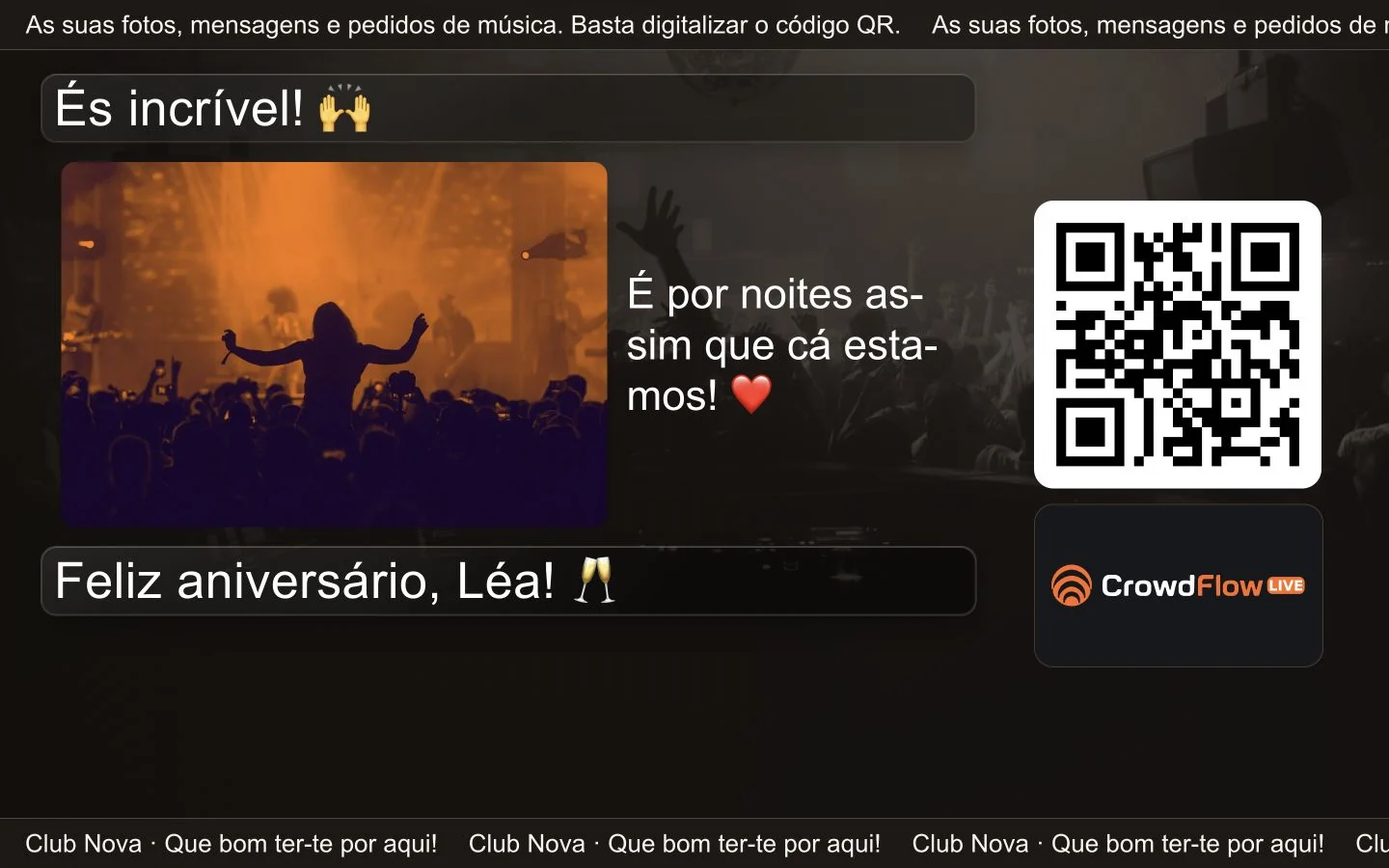 Mural fotográfico com fotos dos convidados e espaço publicitário: exemplo CrowdFlow