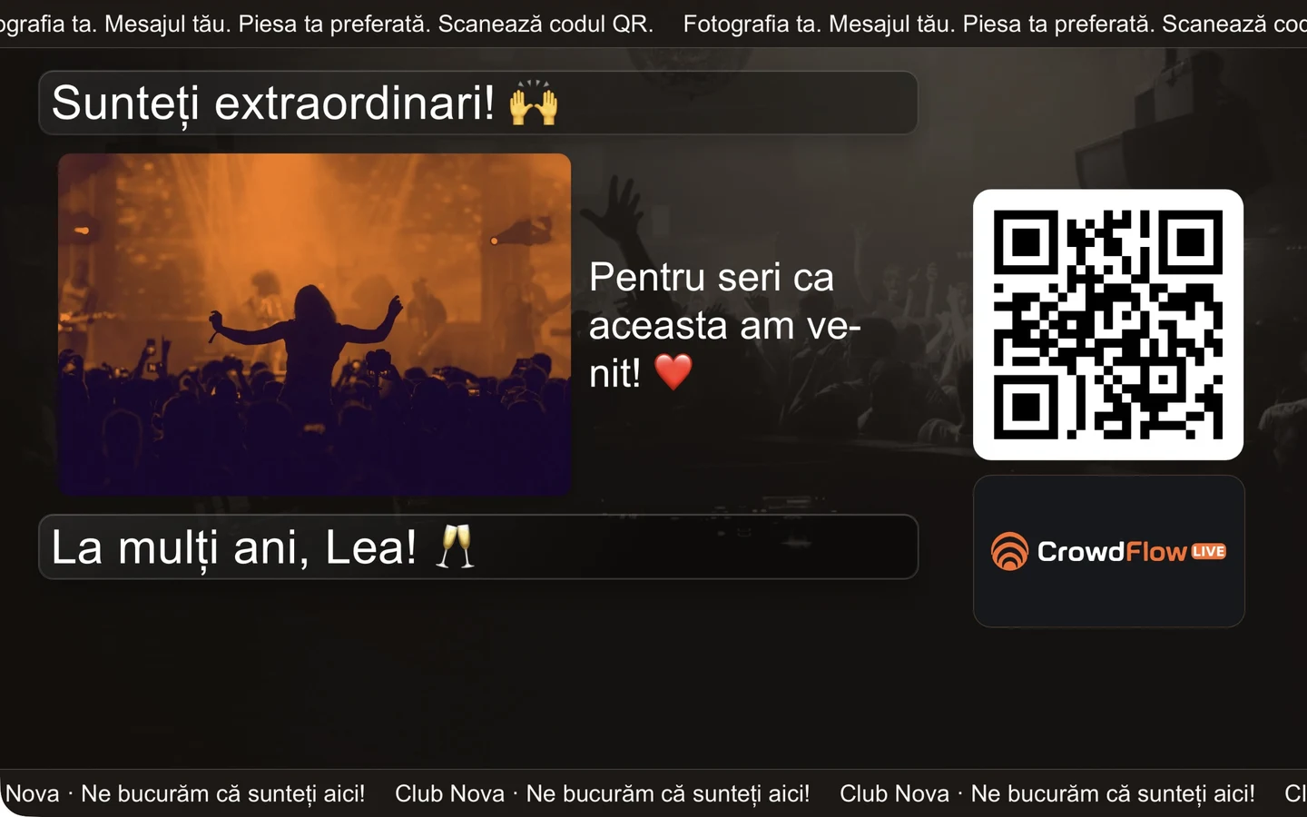 Perete de fotografii cu poza invitatului și spațiu publicitar: exemplu CrowdFlow