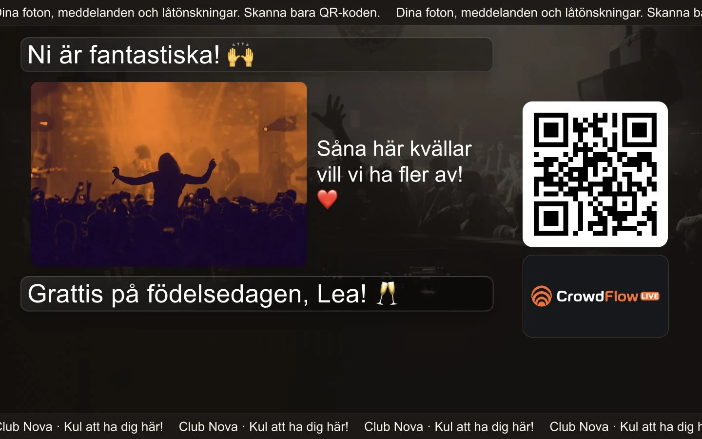 Chatwall med gästfoto och annonsutrymme: CrowdFlow-exempel